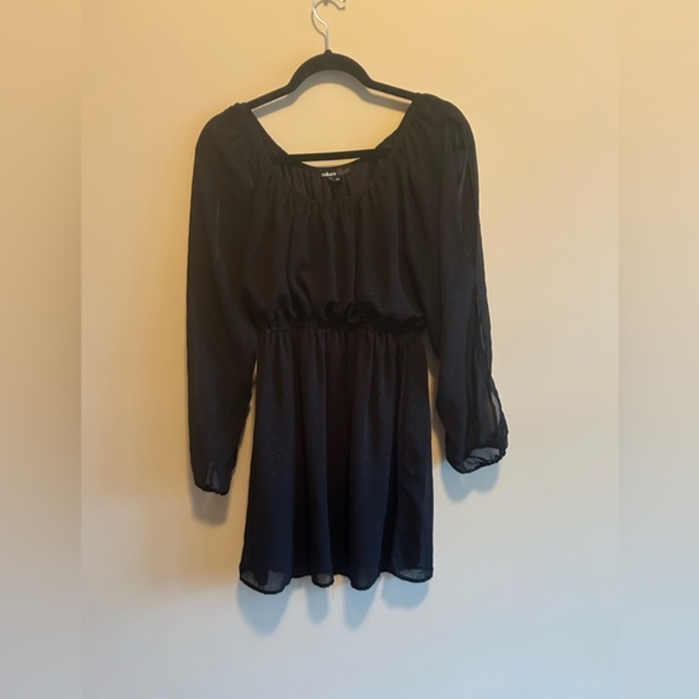 Takara Black Dress – Women’s Medium, Sheer Puff Sleeves, Cinched Waist